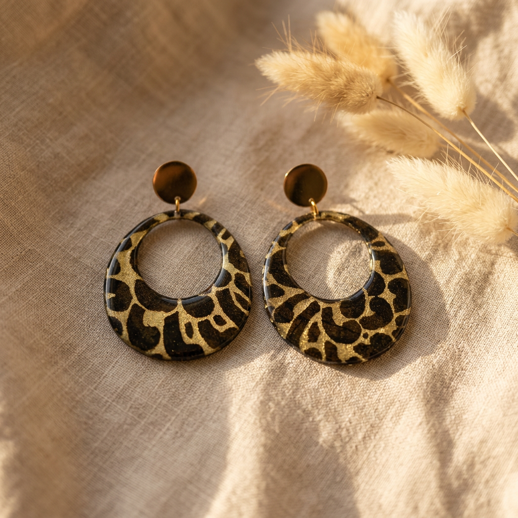 Boucles d'oreilles Kriyōla · papier lokta doré & kaki · clous acier inoxydable · fait main France